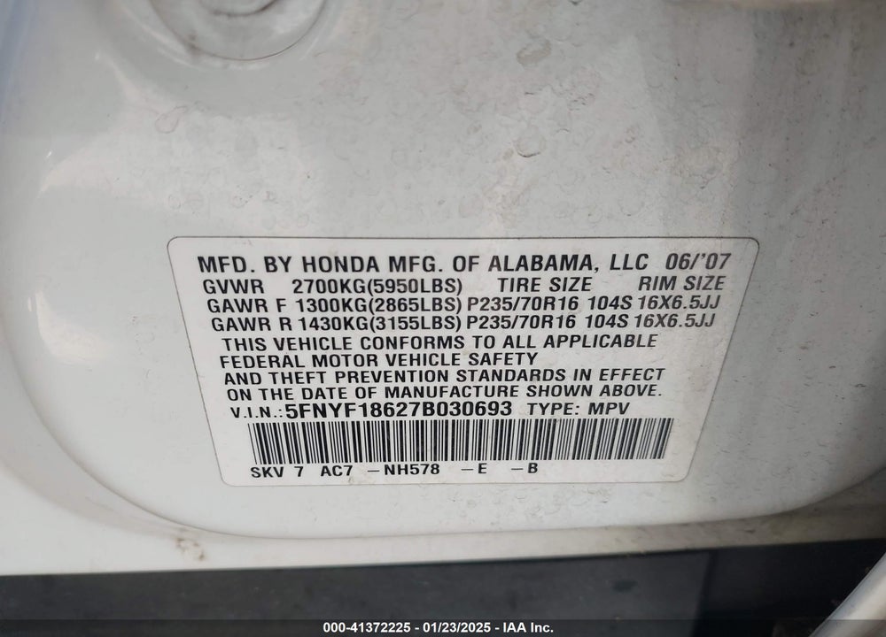 2007 HONDA PILOT EX-L VIN: 5FNYF18627B030693