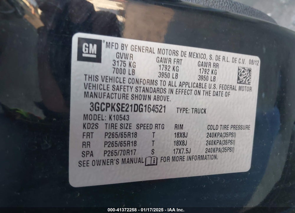 2013 CHEVROLET SILVERADO 1500 VIN: 3GCPKSE21DG164521