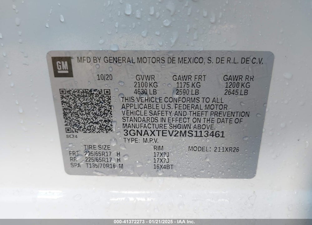 2021 CHEVROLET EQUINOX AWD 2FL VIN: 3GNAXTEV2MS113461