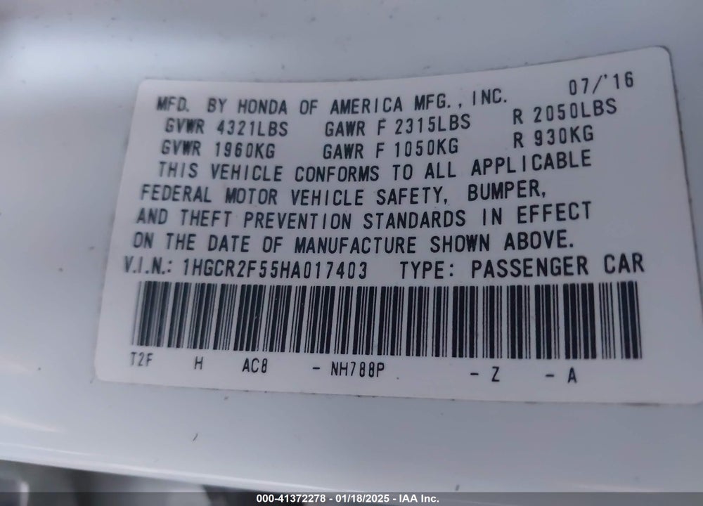 2017 HONDA ACCORD SEDAN VIN: 1HGCR2F55HA017403