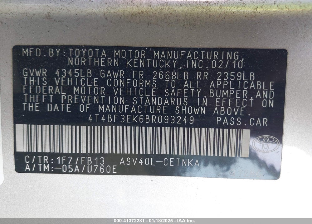 2011 TOYOTA CAMRY VIN: 4T4BF3EK6BR093249
