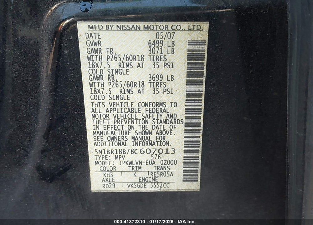 2008 NISSAN PATHFINDER LE V8 VIN: 5N1BR18B78C607013