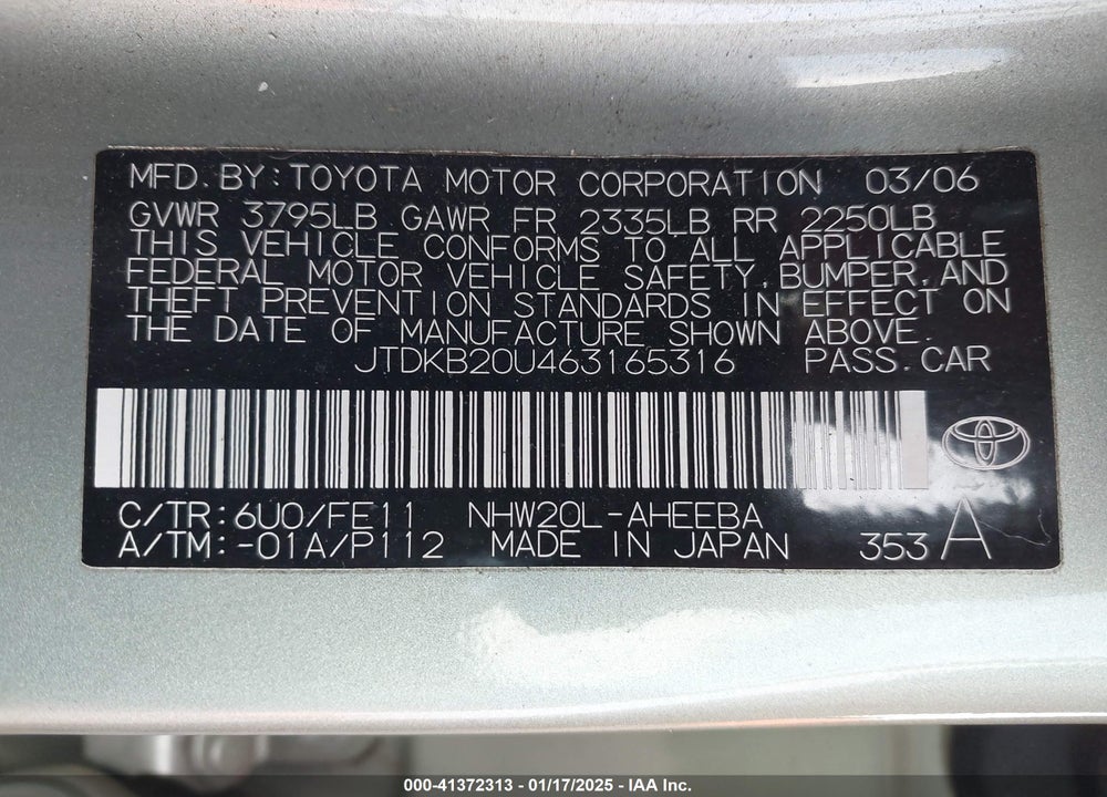 2006 TOYOTA PRIUS VIN: JTDKB20U463165316
