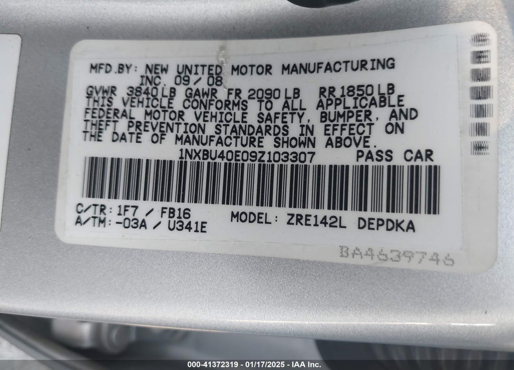 2009 TOYOTA COROLLA VIN: 1NXBU40E09Z103307