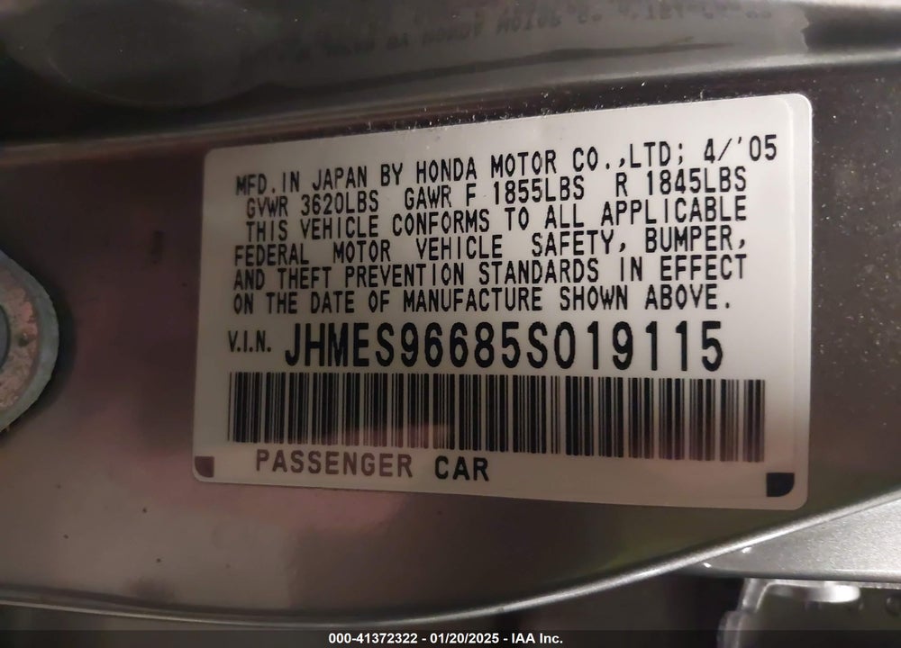 2005 HONDA CIVIC HYBRID VIN: JHMES96685S019115