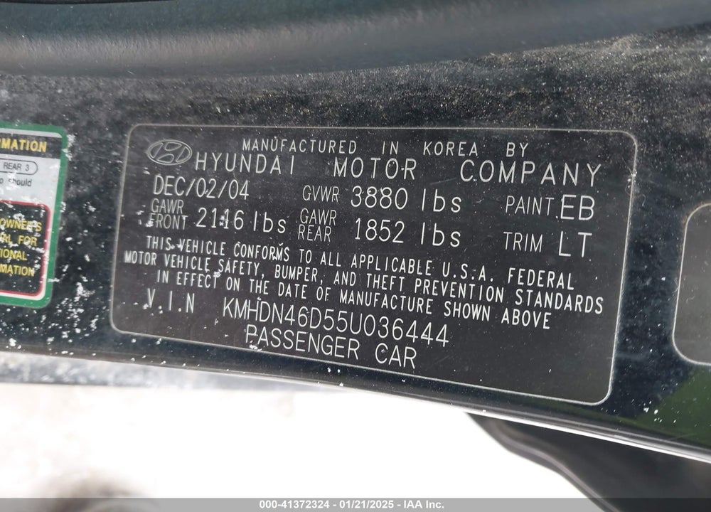 2005 HYUNDAI ELANTRA VIN: KMHDN46D55U036444