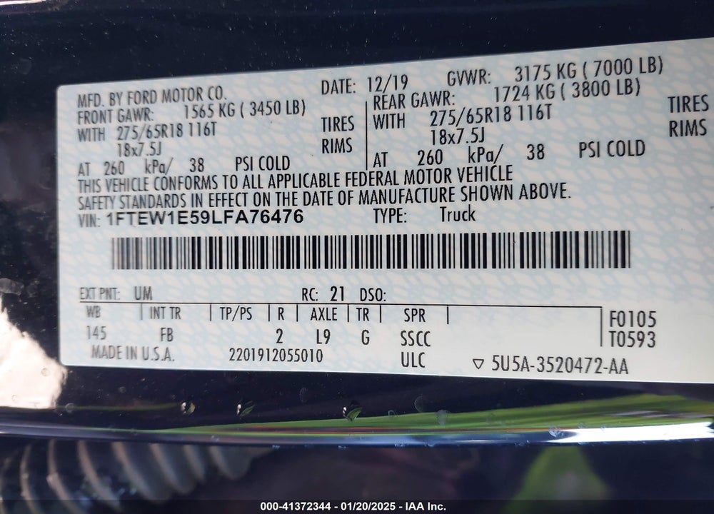 2020 FORD F-150 XLT VIN: 1FTEW1E59LFA76476