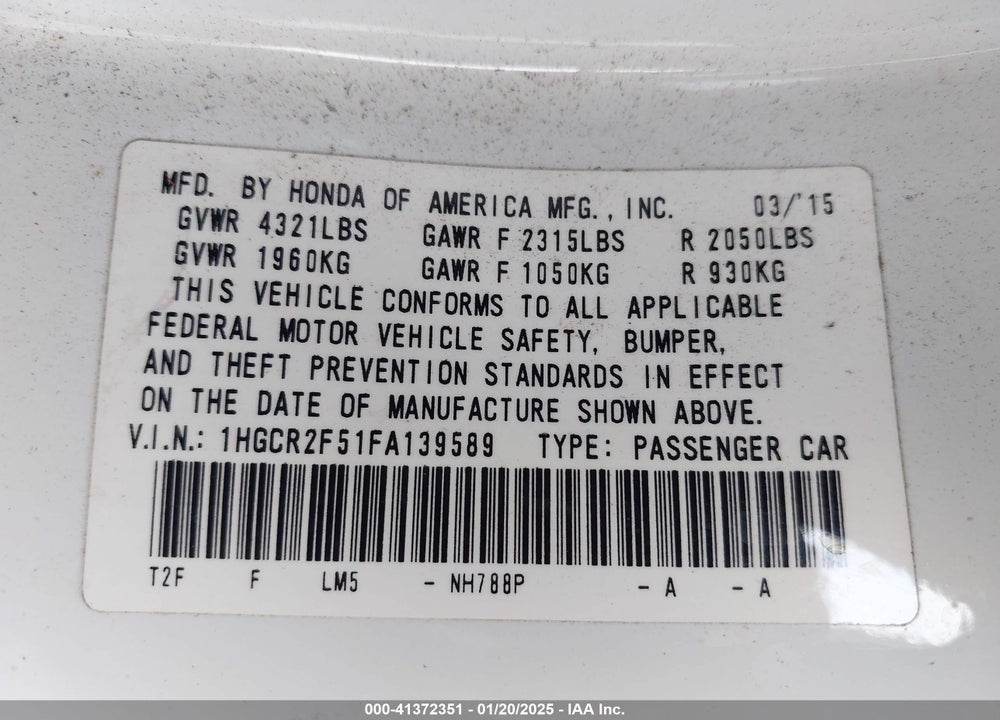 2015 HONDA ACCORD SPORT VIN: 1HGCR2F51FA139589