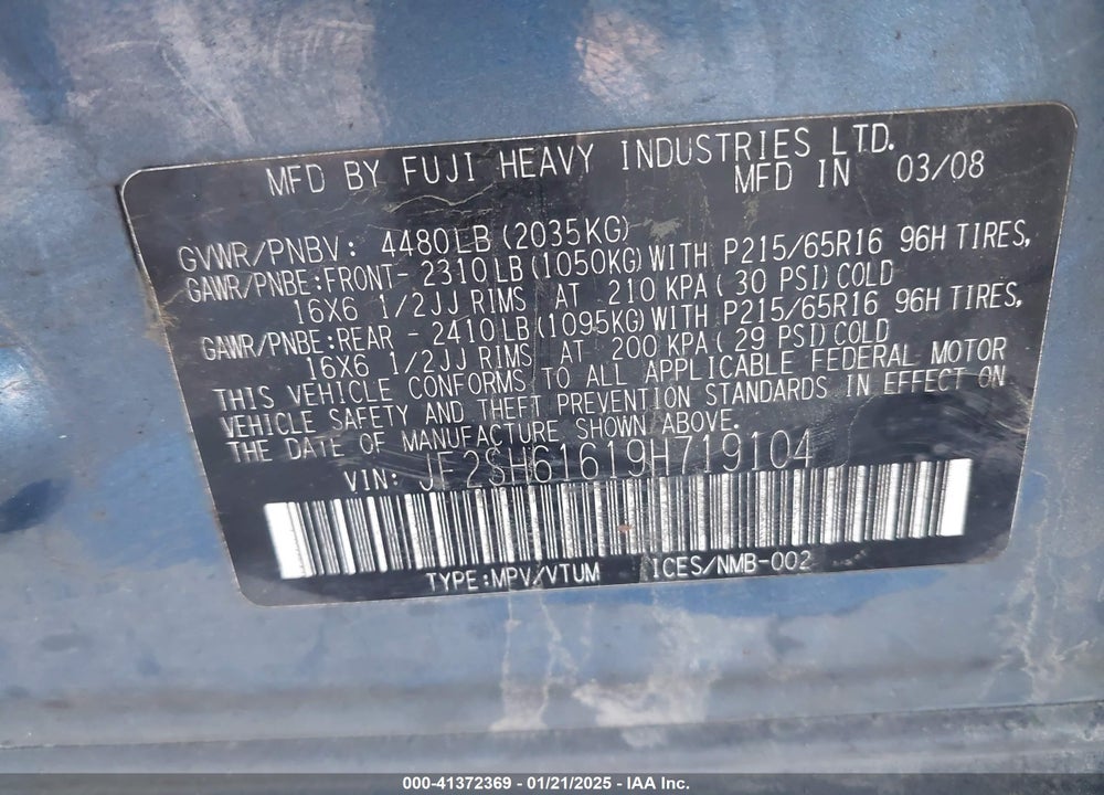 2009 SUBARU FORESTER 2.5X VIN: JF2SH61619H719104