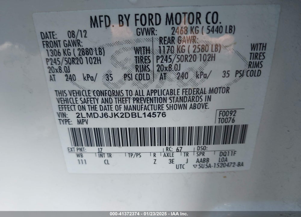 2013 LINCOLN MKX VIN: 2LMDJ6JK2DBL14576