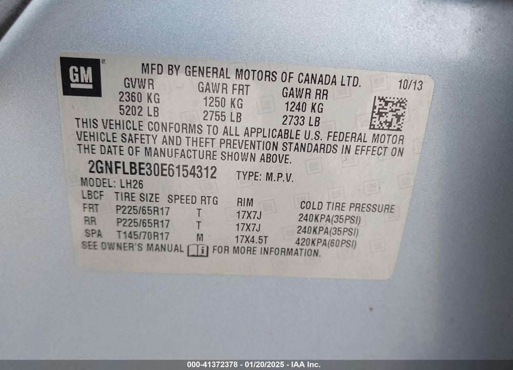 2014 CHEVROLET EQUINOX 1LT VIN: 2GNFLBE30E6154312
