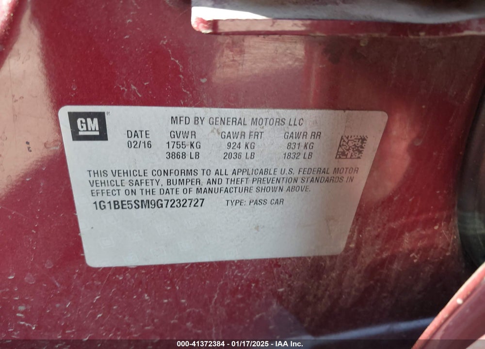 2016 CHEVROLET CRUZE VIN: 1G1BE5SM9G7232727
