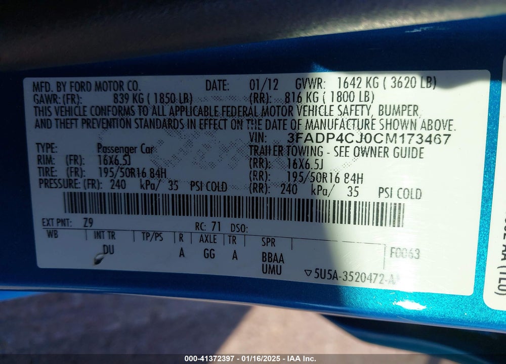 2012 FORD FIESTA VIN: 3FADP4CJ0CM173467