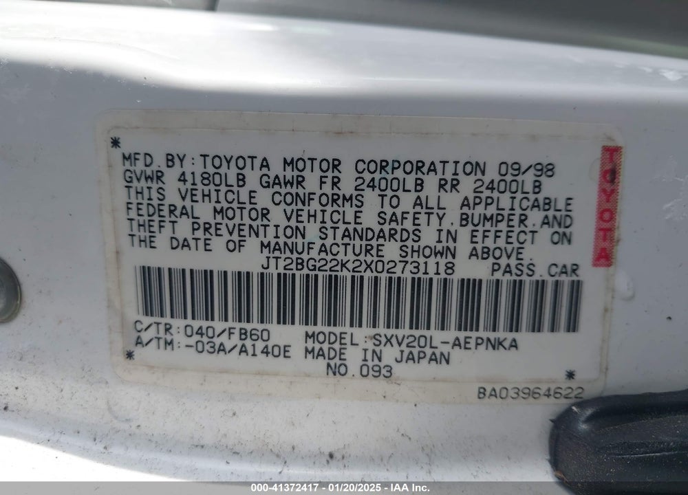 1999 TOYOTA CAMRY VIN: JT2BG22K2X0273118
