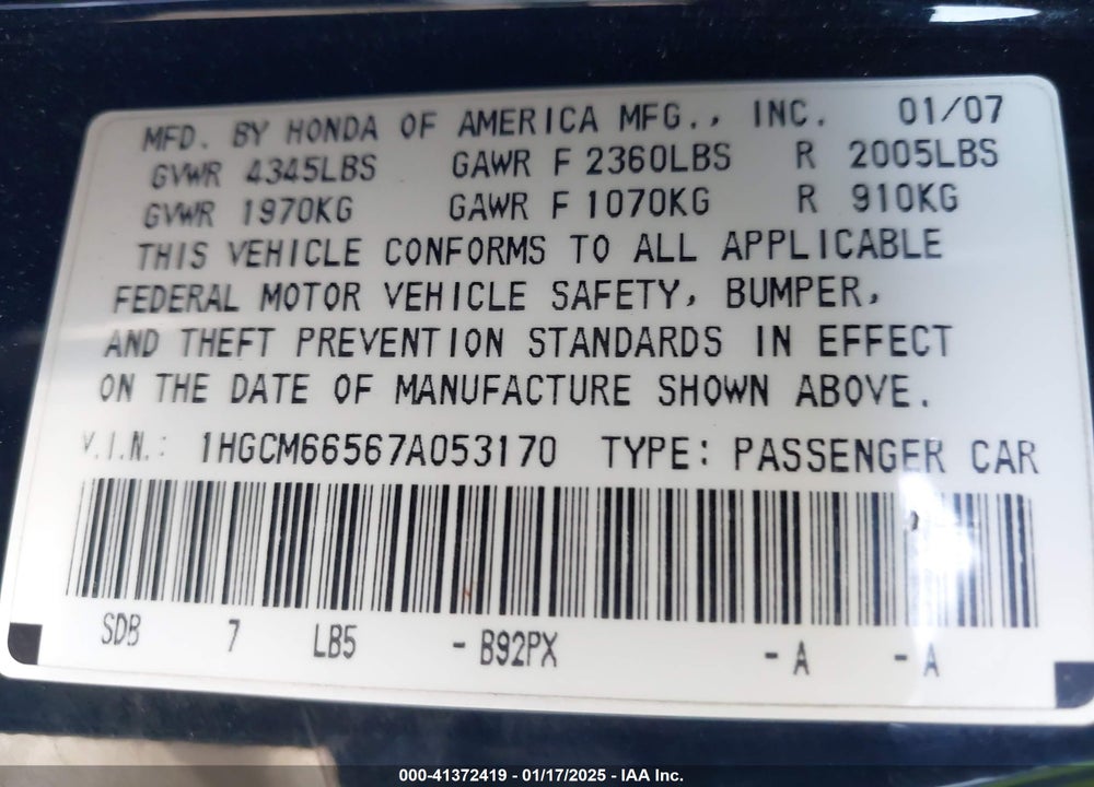 2007 HONDA ACCORD VIN: 1HGCM66567A053170