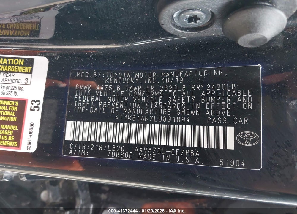 2020 TOYOTA CAMRY VIN: 4T1K61AK7LU891894