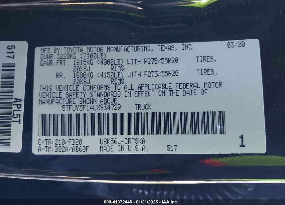2020 TOYOTA TUNDRA VIN: 5TFUY5F14LX934729