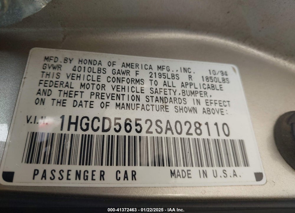 1995 HONDA ACCORD EX VIN: 1HGCD5652SA028110