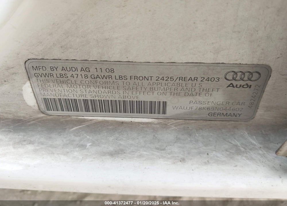 2009 AUDI A4 VIN: WAUJF78K69N044602