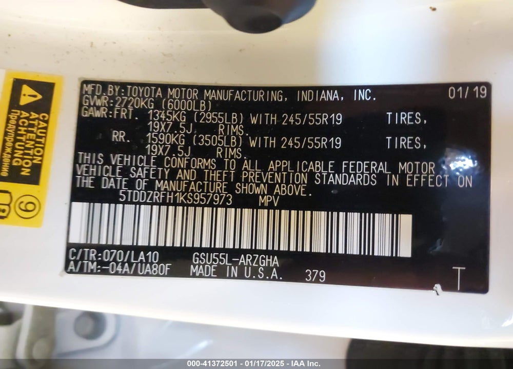 2019 TOYOTA HIGHLANDER VIN: 5TDDZRFH1KS957973