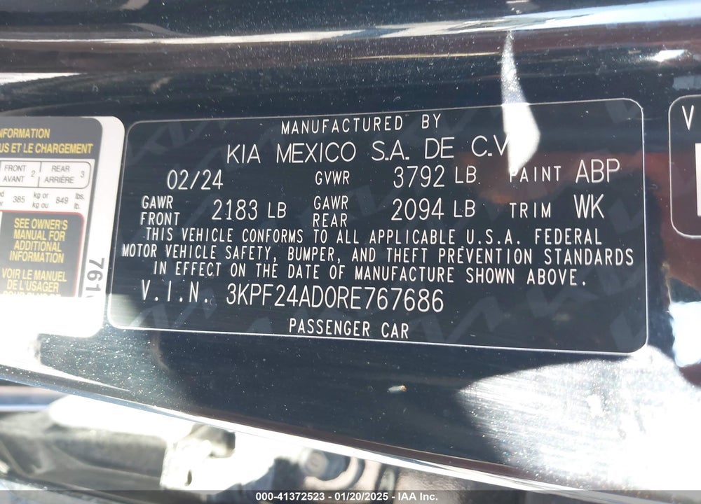 2024 KIA FORTE LXS VIN: 3KPF24AD0RE767686