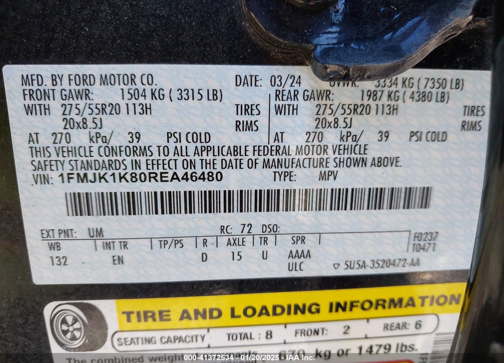 2024 FORD EXPEDITION LIMITED MAX VIN: 1FMJK1K80REA46480