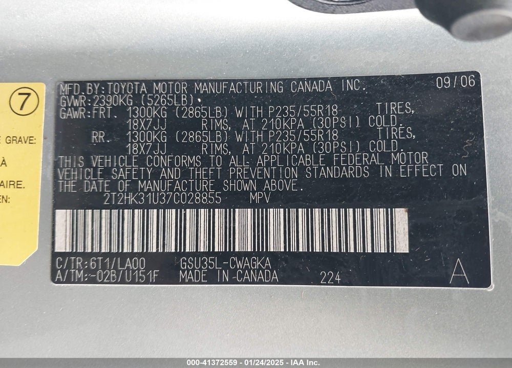 2007 LEXUS RX 350 VIN: 2T2HK31U37C028855