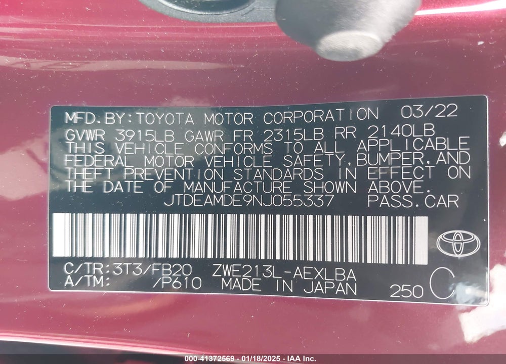 2022 TOYOTA COROLLA HYBRID LE VIN: JTDEAMDE9NJ055337