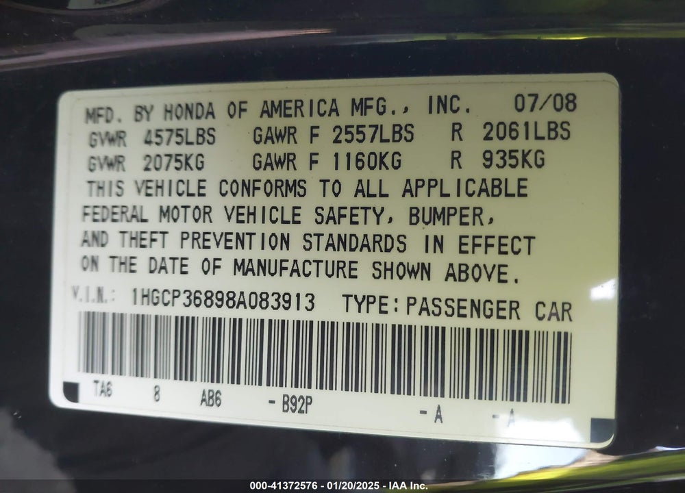 2008 HONDA ACCORD 3.5 EX-L VIN: 1HGCP36898A083913
