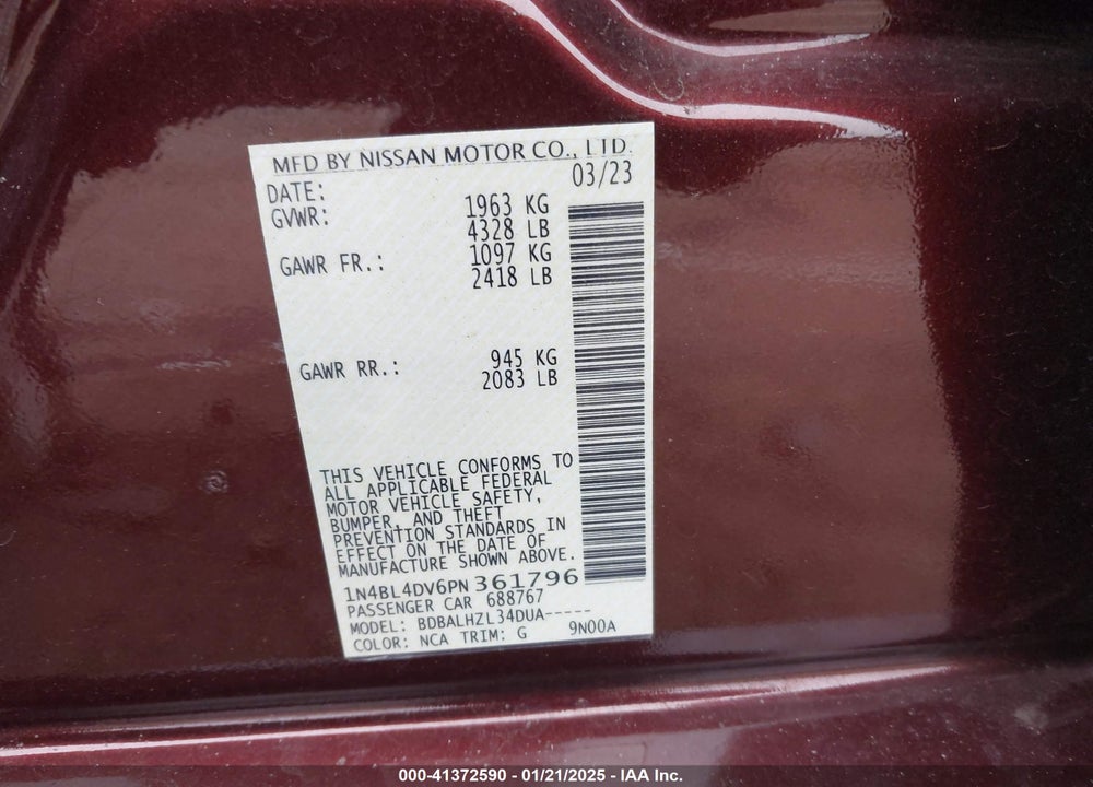 2023 NISSAN ALTIMA SV FWD VIN: 1N4BL4DV6PN361796