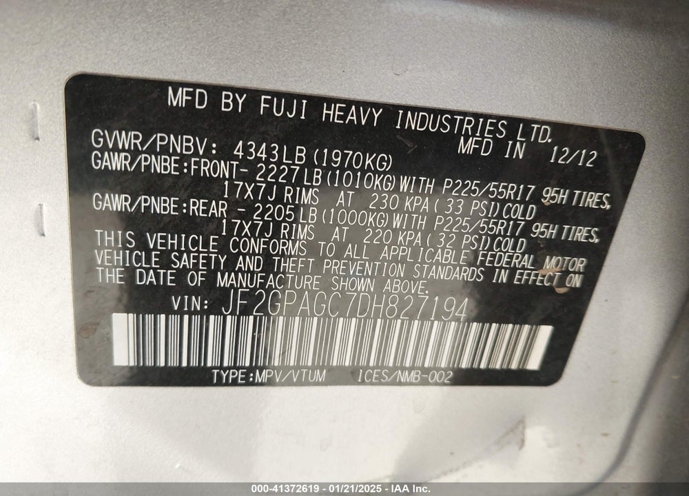 2013 SUBARU XV CROSSTREK 2.0I LIMITED VIN: JF2GPAGC7DH827194