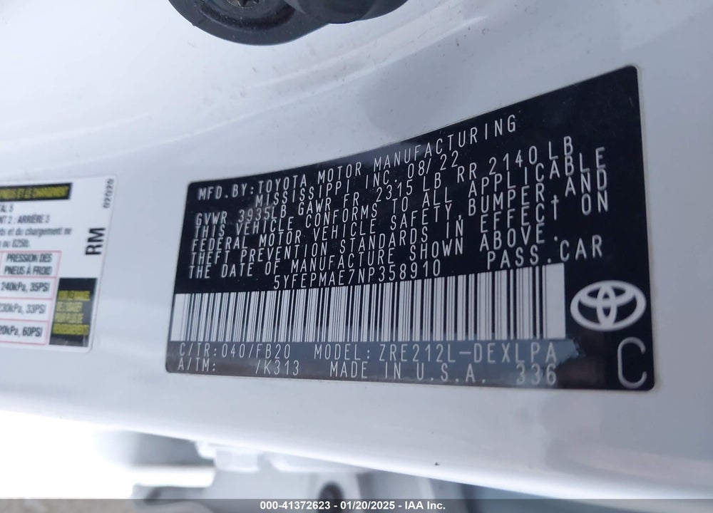 2022 TOYOTA COROLLA LE VIN: 5YFEPMAE7NP358910