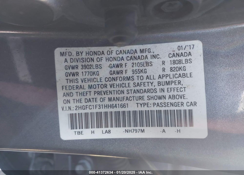 2017 HONDA CIVIC VIN: 2HGFC1F31HH641661