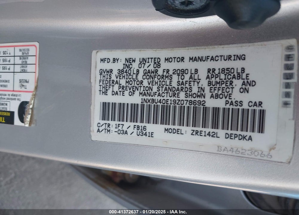 2009 TOYOTA COROLLA LE VIN: 1NXBU40E19Z078692