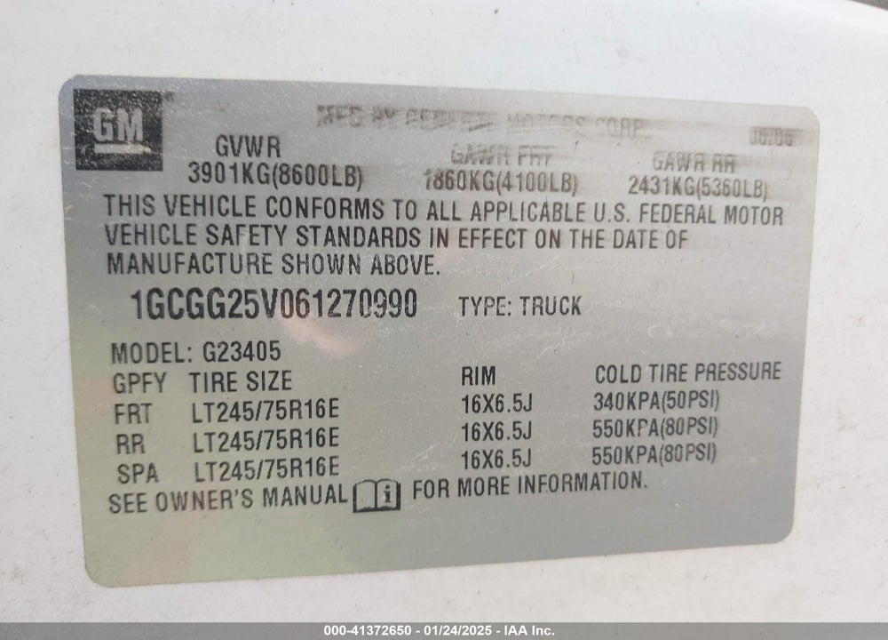 2006 CHEVROLET EXPRESS WORK VAN VIN: 1GCGG25V061270990