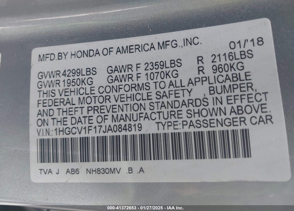 2018 HONDA ACCORD LX VIN: 1HGCV1F17JA084819