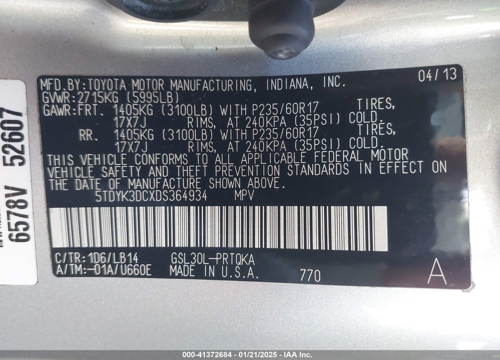2013 TOYOTA SIENNA XLE V6 8 PASSENGER VIN: 5TDYK3DCXDS364934