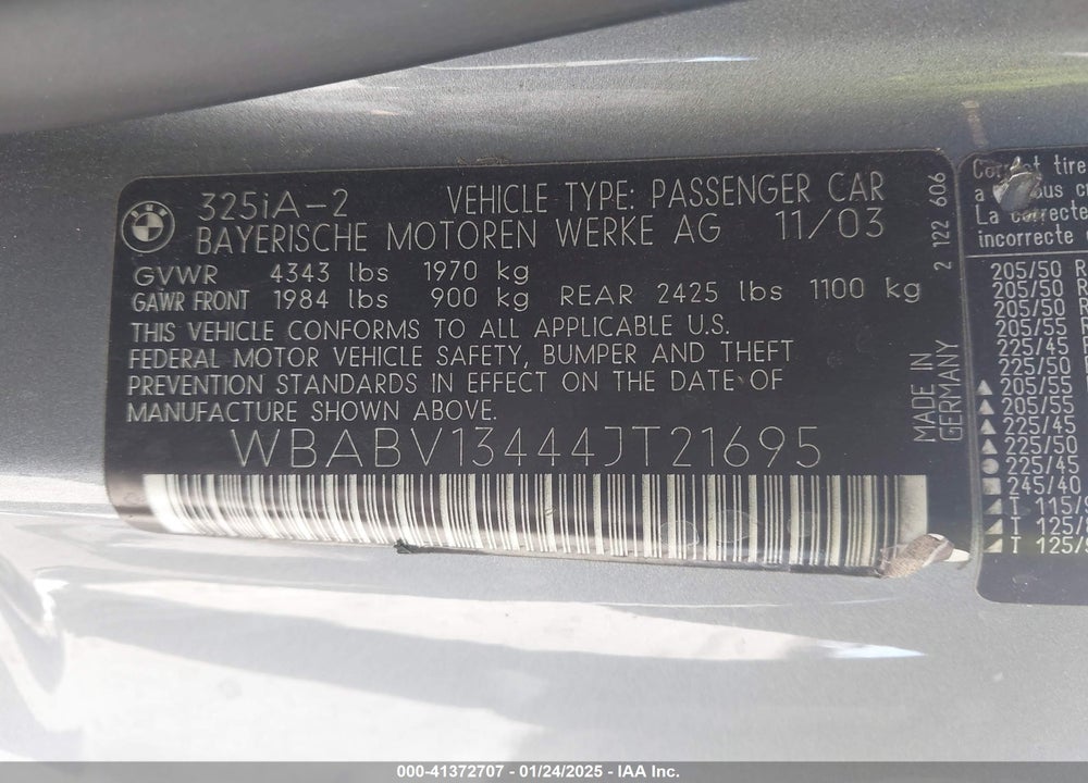 2004 BMW 325CI VIN: WBABV13444JT21695
