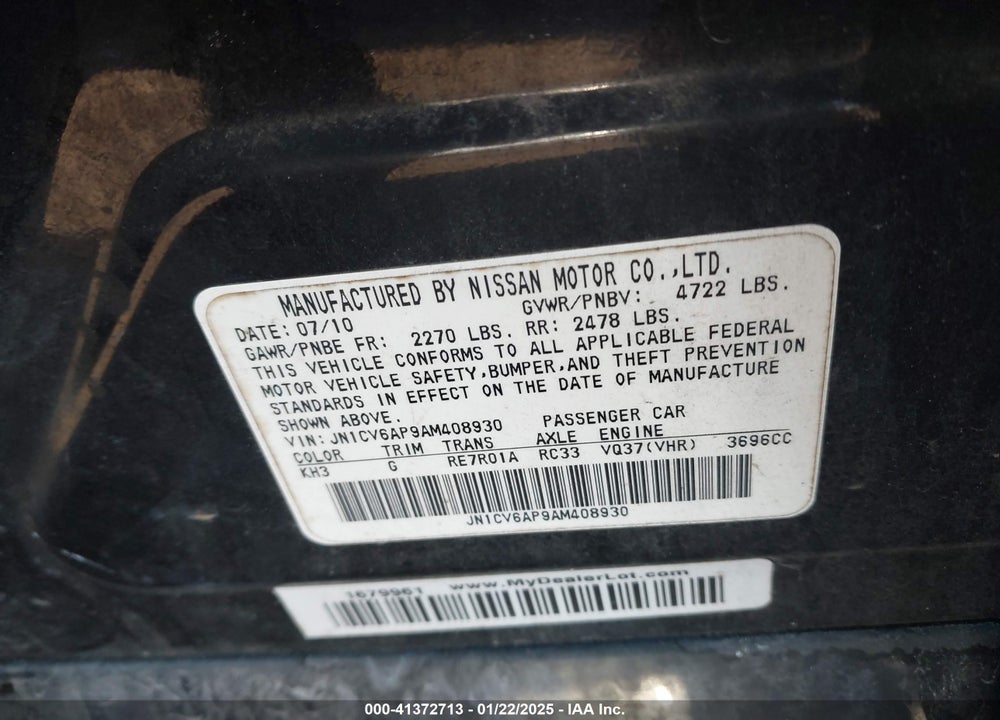 2010 INFINITI G37 VIN: JN1CV6AP9AM408930