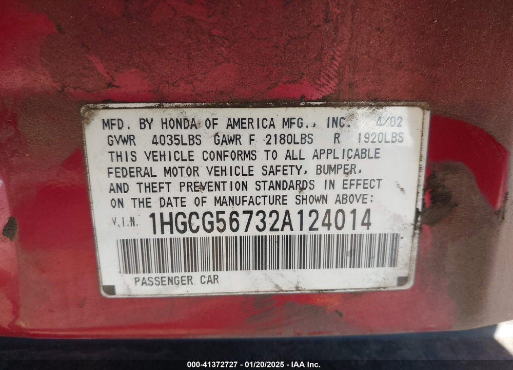 2002 HONDA ACCORD 2.3 SE VIN: 1HGCG56732A124014