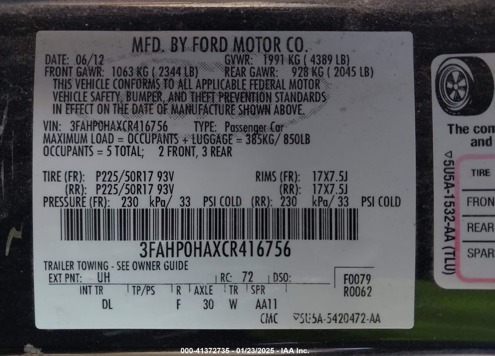 2012 FORD FUSION SE VIN: 3FAHP0HAXCR416756