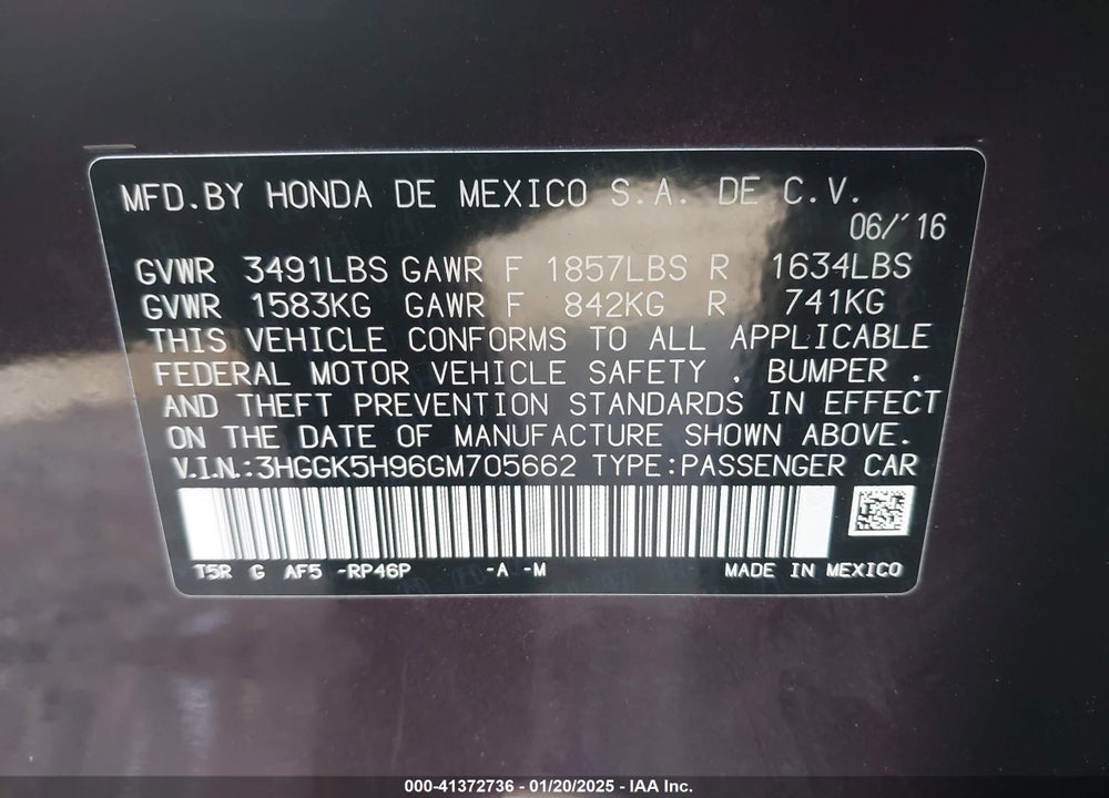 2016 HONDA FIT VIN: 3HGGK5H96GM705662