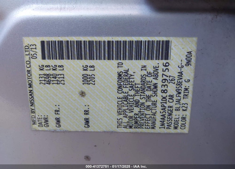 2013 NISSAN MAXIMA VIN: 1N4AA5AP1DC839756