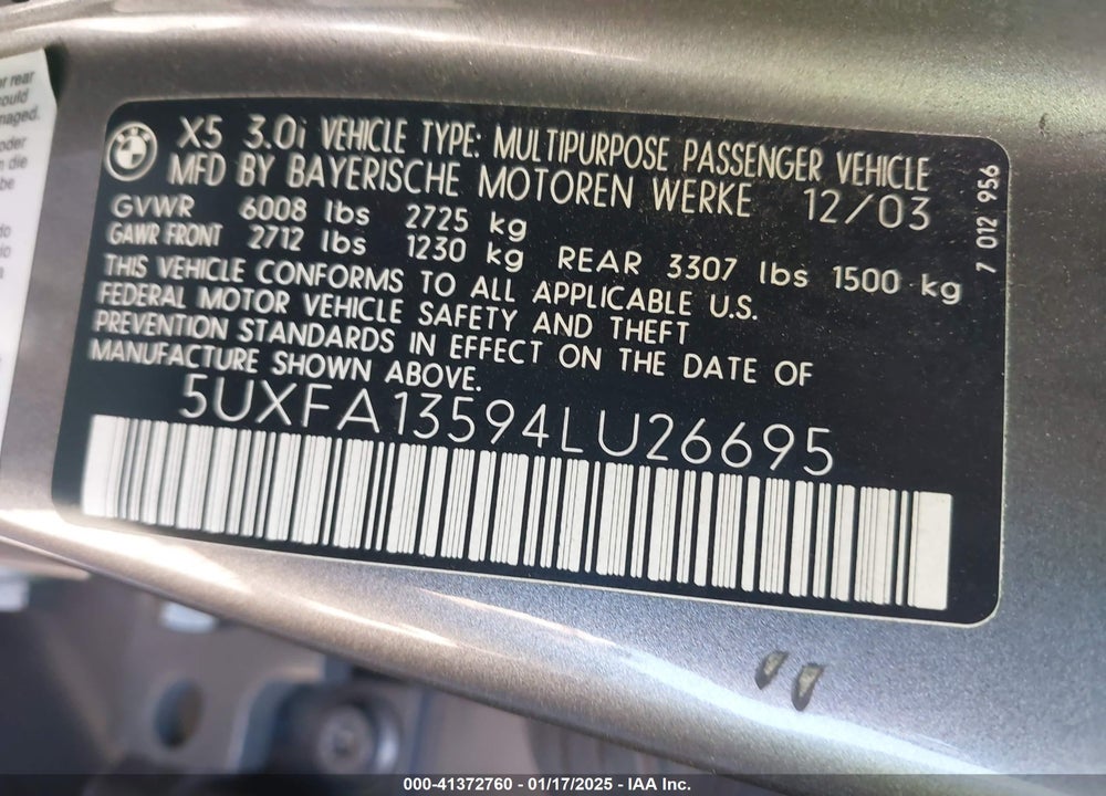 2004 BMW X5 3.0I VIN: 5UXFA13594LU26695