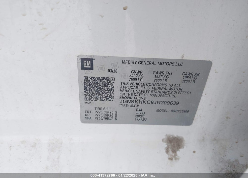 2018 CHEVROLET SUBURBAN VIN: 1GNSKHKC9JR309639
