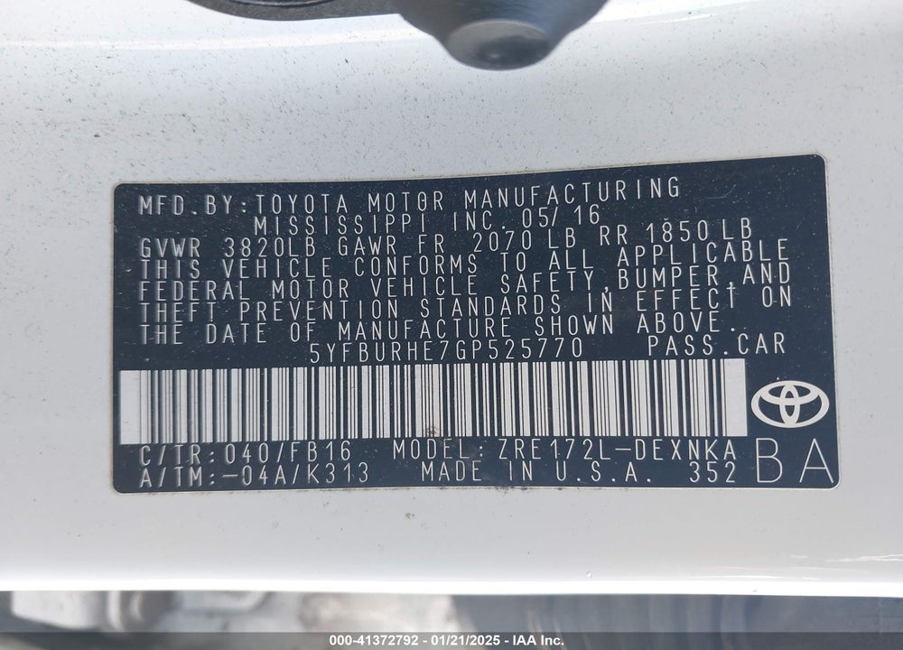 2016 TOYOTA COROLLA VIN: 5YFBURHE7GP525770