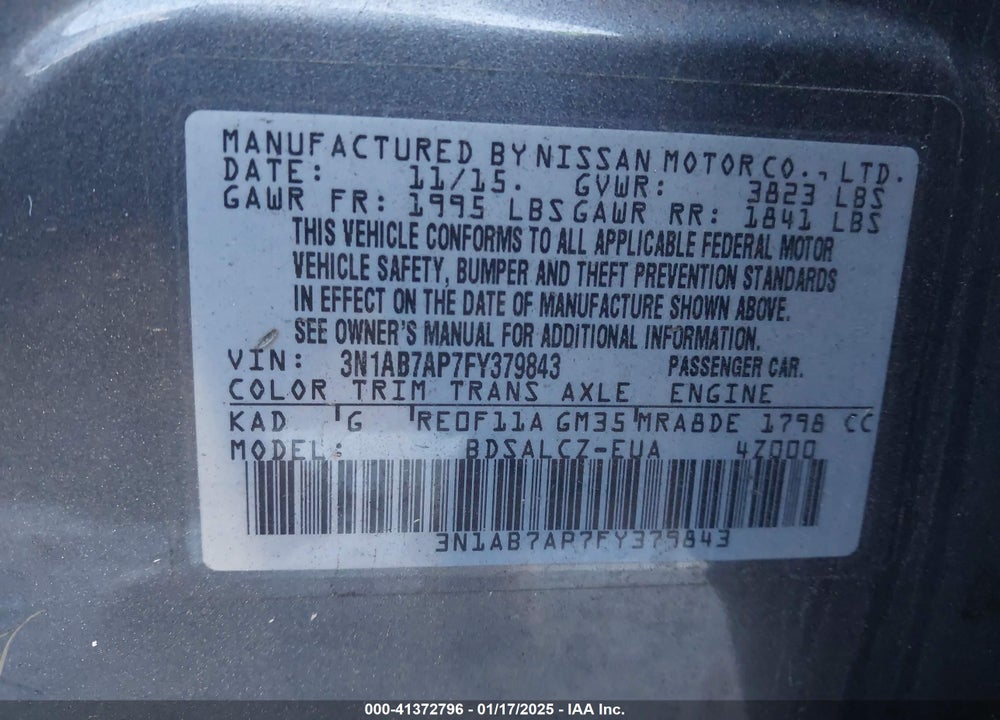 2015 NISSAN SENTRA S VIN: 3N1AB7AP7FY379843