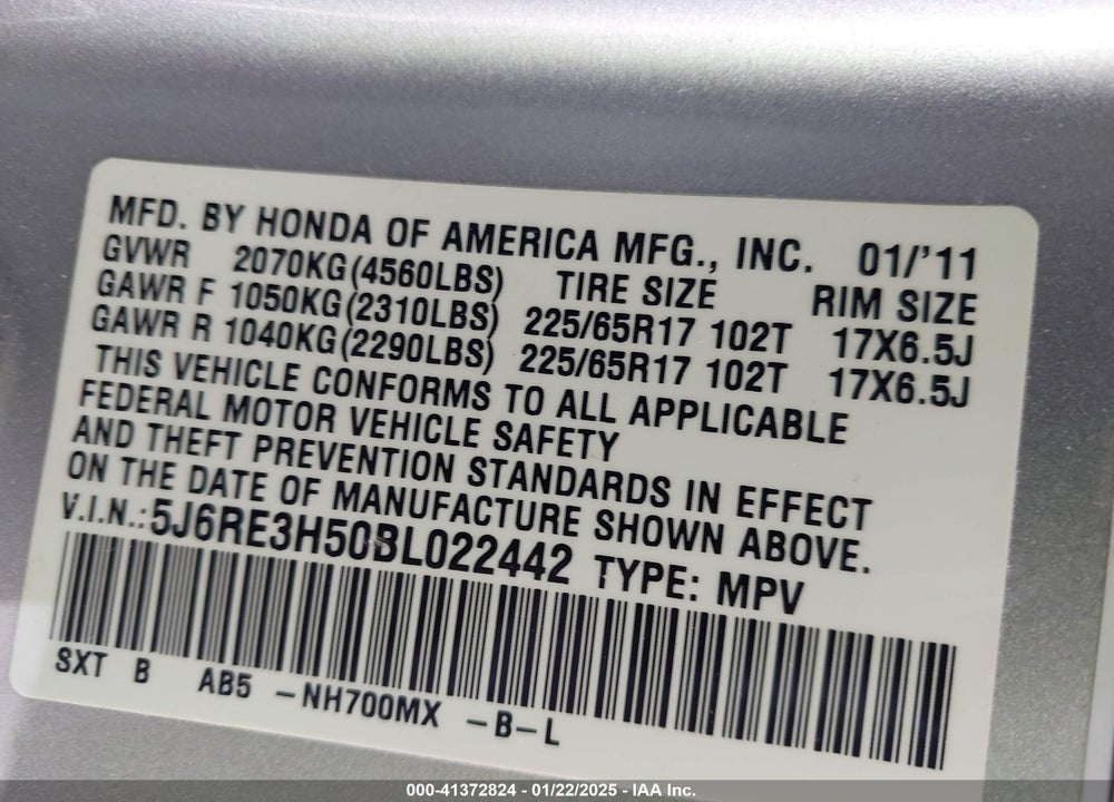 2011 HONDA CR-V EX VIN: 5J6RE3H50BL022442