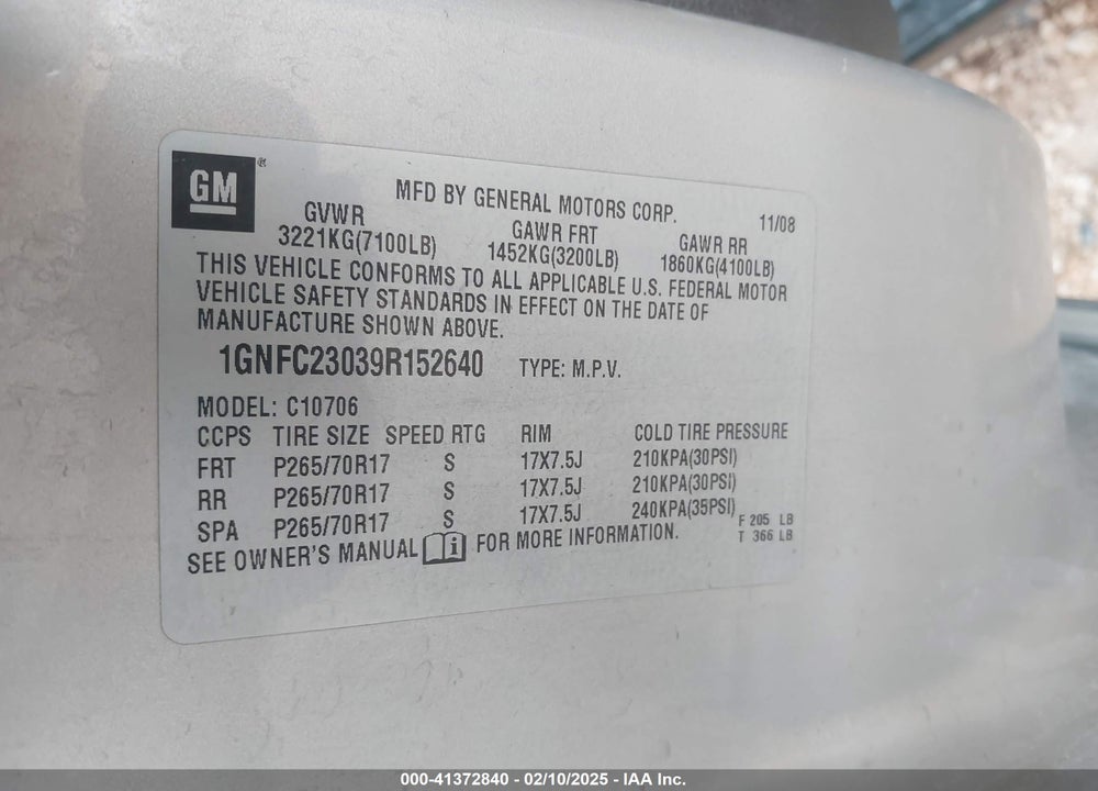 2009 CHEVROLET TAHOE VIN: 1GNFC23039R152640