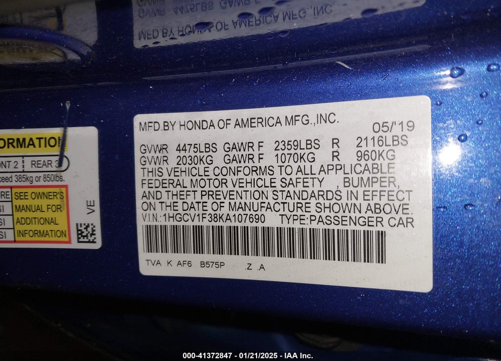 2019 HONDA ACCORD SPORT VIN: 1HGCV1F38KA107690